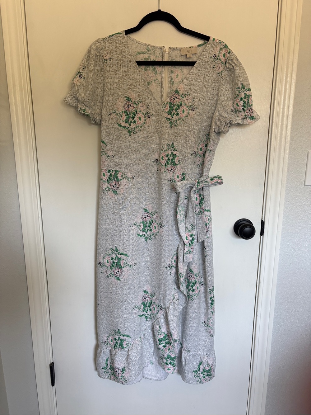 LOFT Blue Floral Wrap Midi Dress with Green and Pink Accents